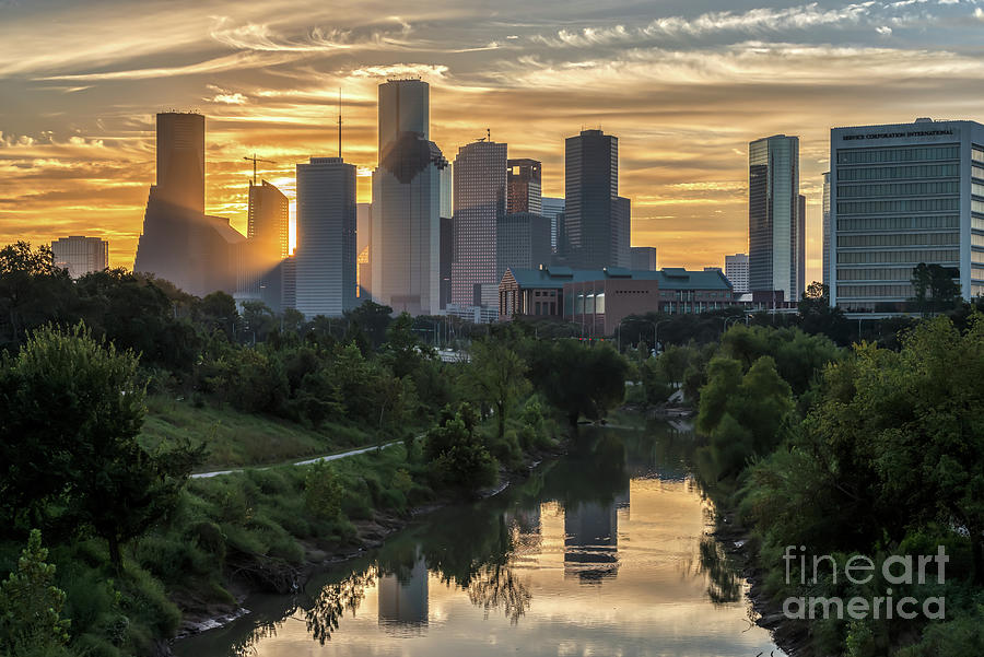 Houston Photograph - Golden Morning Glow Over Houston Skyline by Bee Creek Photography - Tod and Cynthia