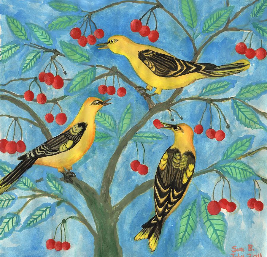 Bird Painting - Golden Orioles in a Cherry Tree by Sushila Burgess