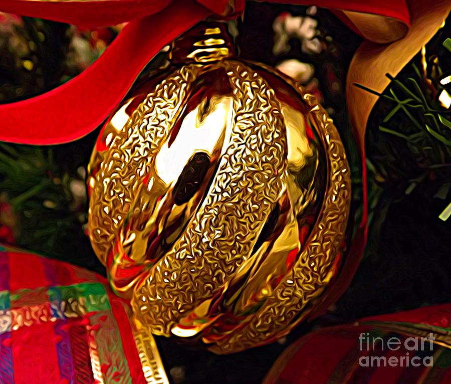 Golden Ornament with Ribbons Expressionist Effect Photograph by Rose Santuci-Sofranko