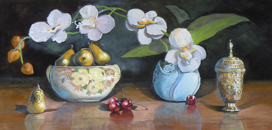 Golden Pears and Orchids Oil Painting Painting by Heather Coen