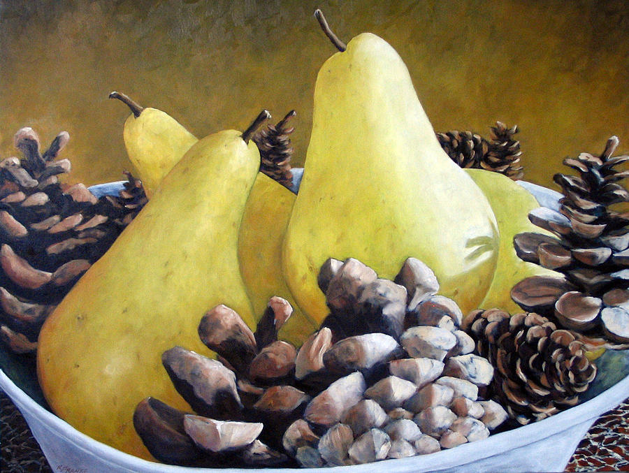 Golden Pears and Pine Cones Painting by Richard T Pranke