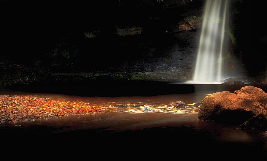 Waterfall Photograph - Golden pebbles at Sgwd Gwladus by Leighton Collins