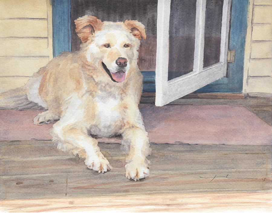 Golden Retriever In Shade Watercolor Portrait Drawing by Mike Theuer Golden Retriever In Shade Watercolor Portrait Drawing by Mike Theuer