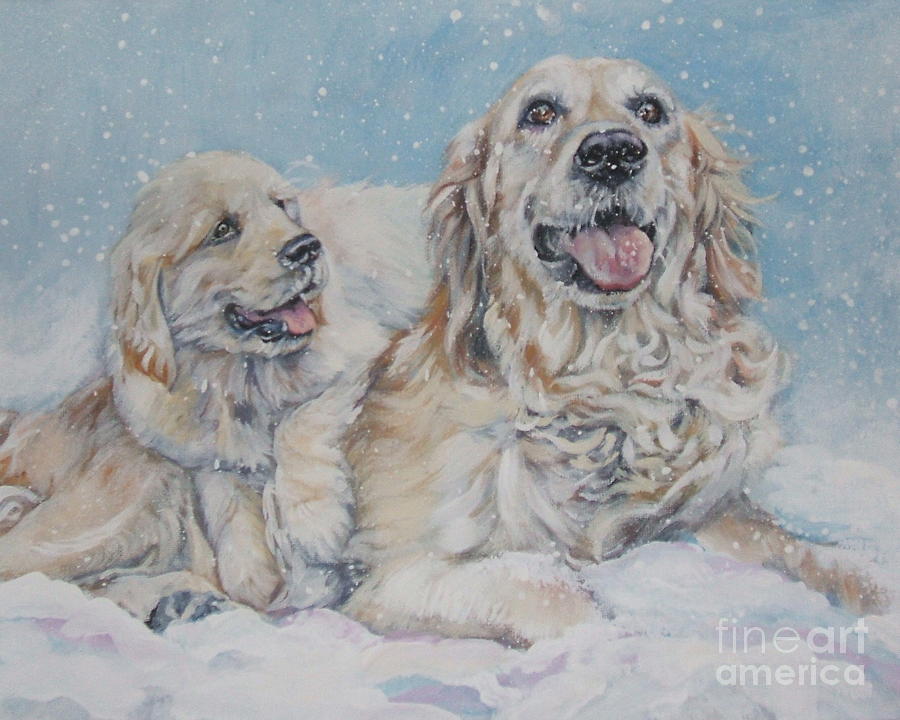 Winter Painting - Golden Retriever with pup in snow by Lee Ann Shepard