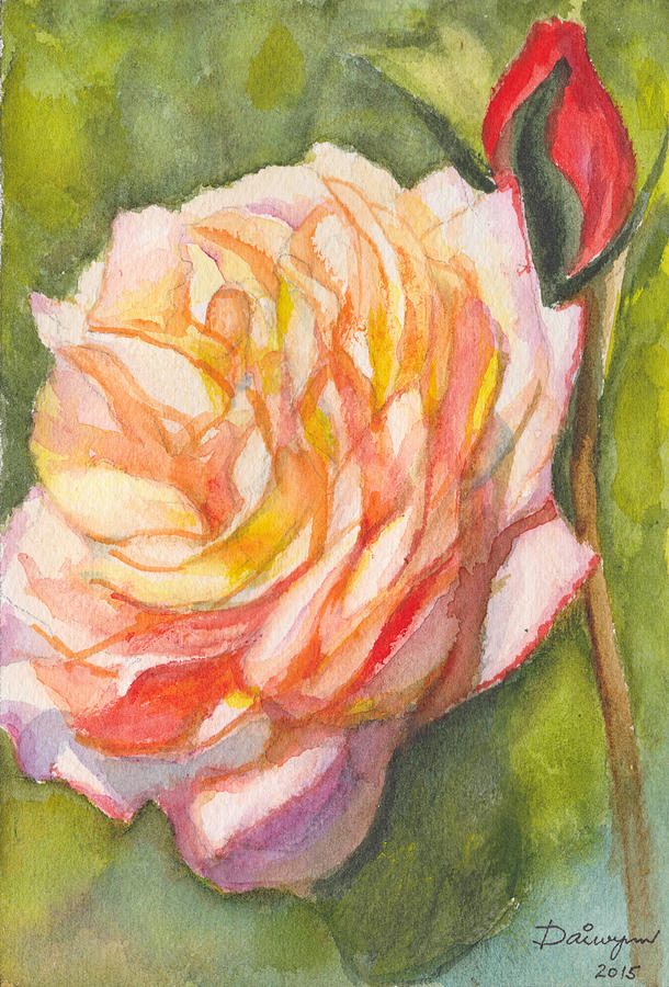 Golden Rose Birthday Card Painting by Dai Wynn