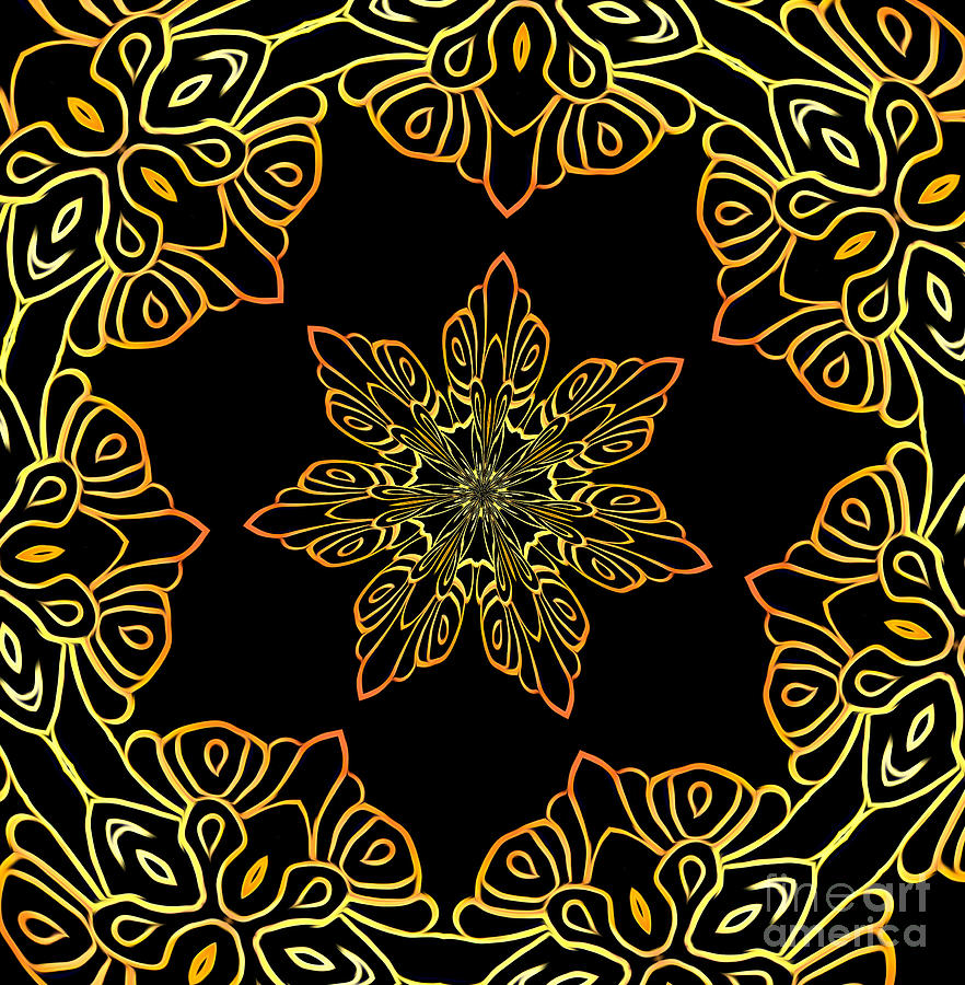 Golden Scratch Art Mandala Kaleidoscope Abstract Flower Mixed Media by Rose Santuci-Sofranko