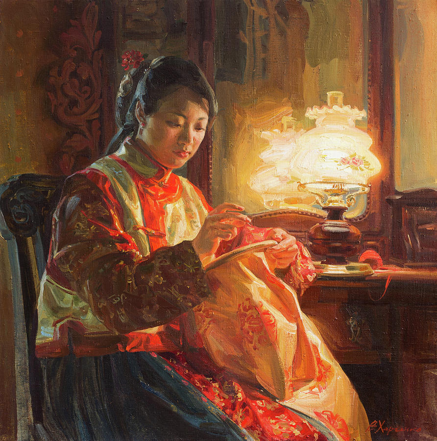 Girl Painting - Golden silk by Victoria Kharchenko