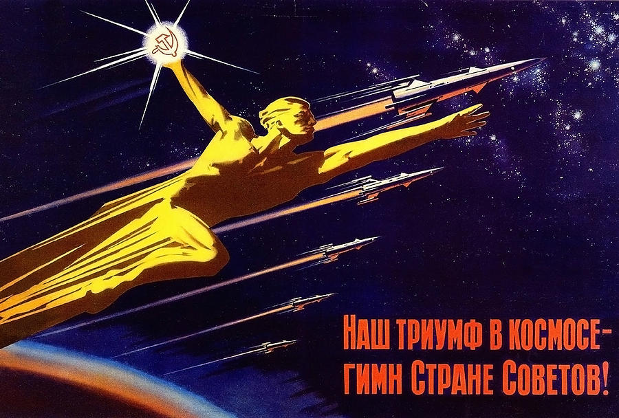 Space Painting - Golden Soviet man fly together with space rockets by Long Shot