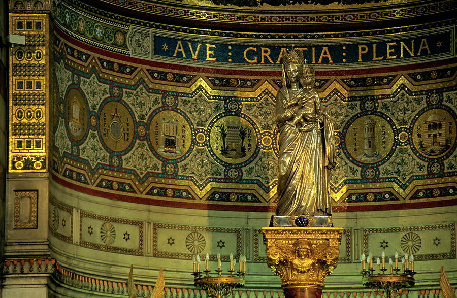 Golden statue inside the decorative Notre-Dame de la Garde in Marseille Photograph by Sami Sarkis