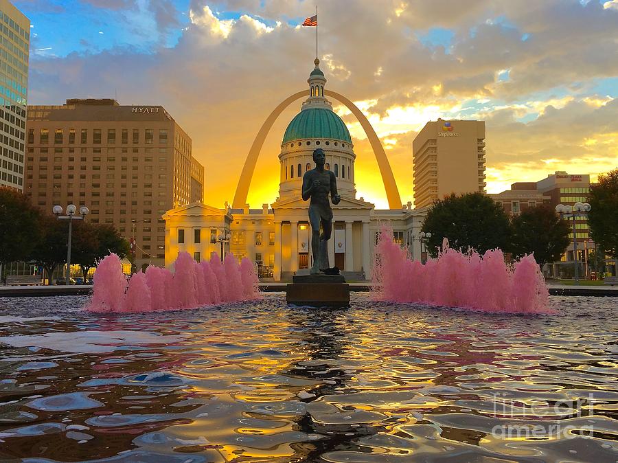 Golden Sunrise at the Arch with pink fountains Photograph by Debbie Fenelon