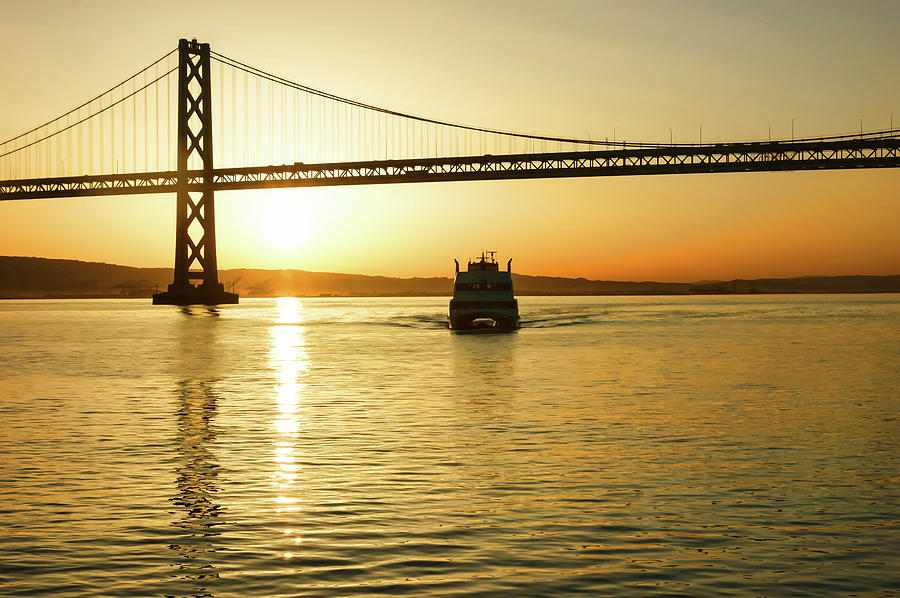 Golden Sunrise Ferry Ride Under the Bay Bridge in San Francisco Painting by Georgia Mizuleva