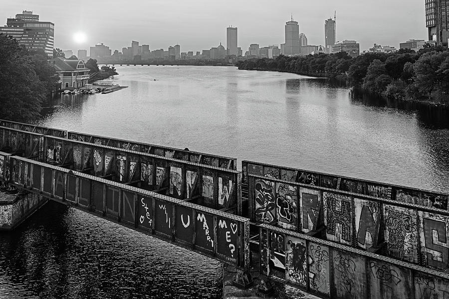 Golden Sunrise over Boston from the BU Bridge Graffiti Train Tracks Boston MA Black and White Photograph by Toby McGuire