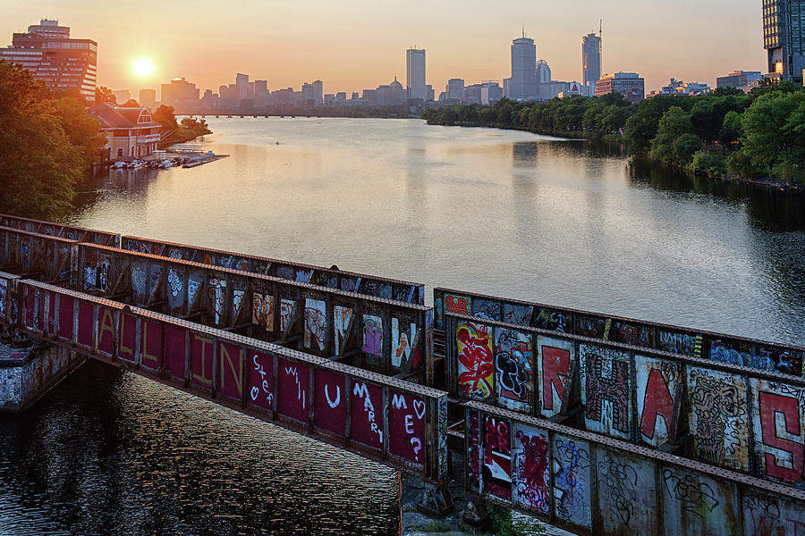 Golden Sunrise over Boston from the BU Bridge Graffiti Train Tracks Boston MA Photograph by Toby McGuire