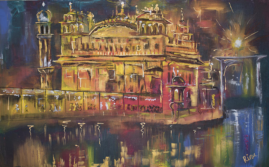 Golden Temple Night Time Painting by Rina Bhabra