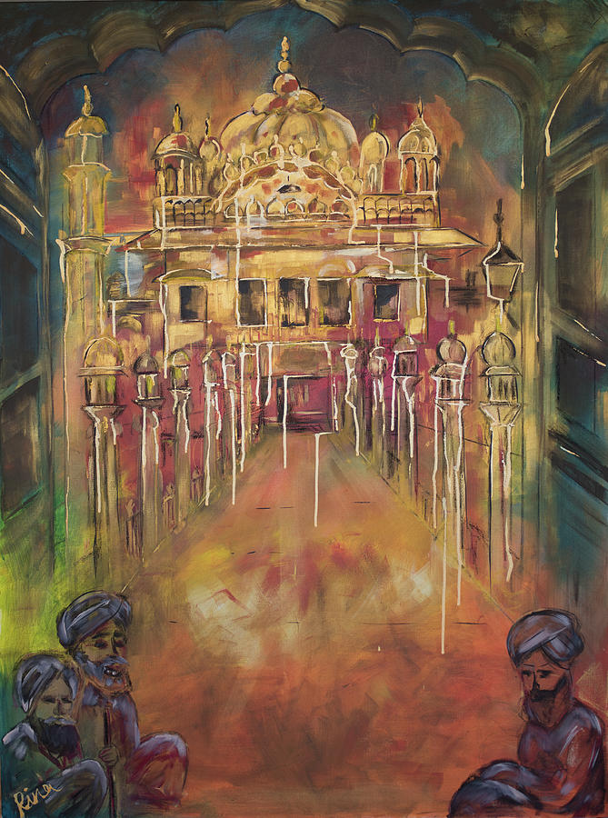 Golden Temple Vintage Painting by Rina Bhabra