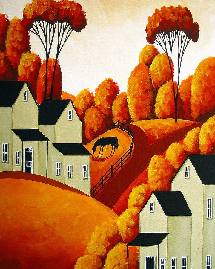 Golden Time Of Year - folk art landscape Painting by Debbie Criswell