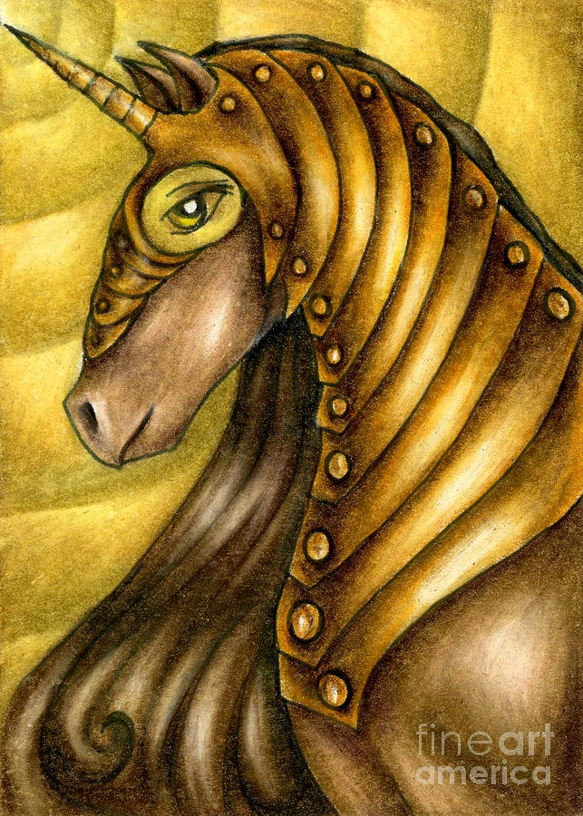 Golden Unicorn Warrior Art Drawing by Kristin Aquariann
