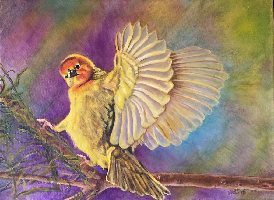 Golden Weaver showing off Painting by Jodi Higgins