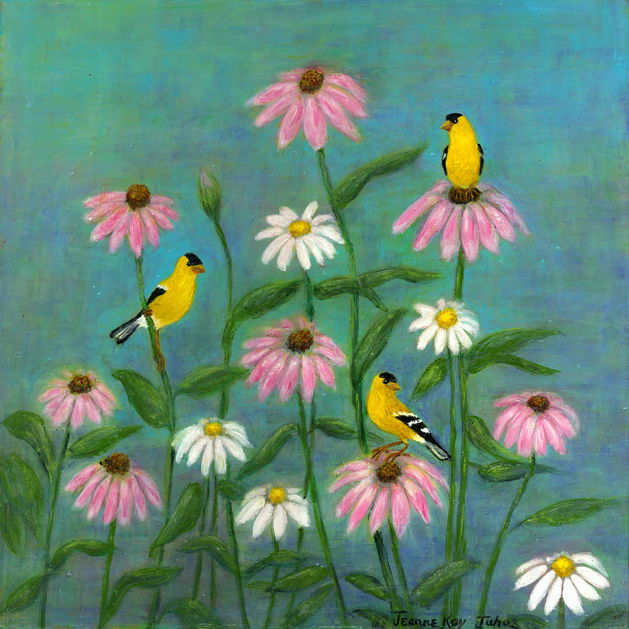 Goldfinch and Cone Flowers Painting by Jeanne Juhos
