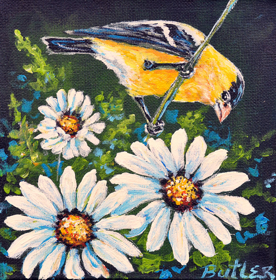 Goldfinch and Daisy Painting by Gail Butler