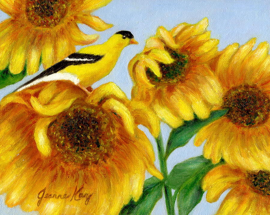 Goldfinch and Sunflowers Painting by Jeanne Juhos