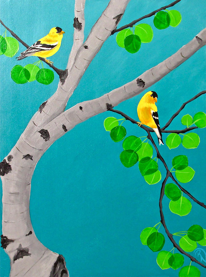 Goldfinches in Aspen Painting by Renee Noel