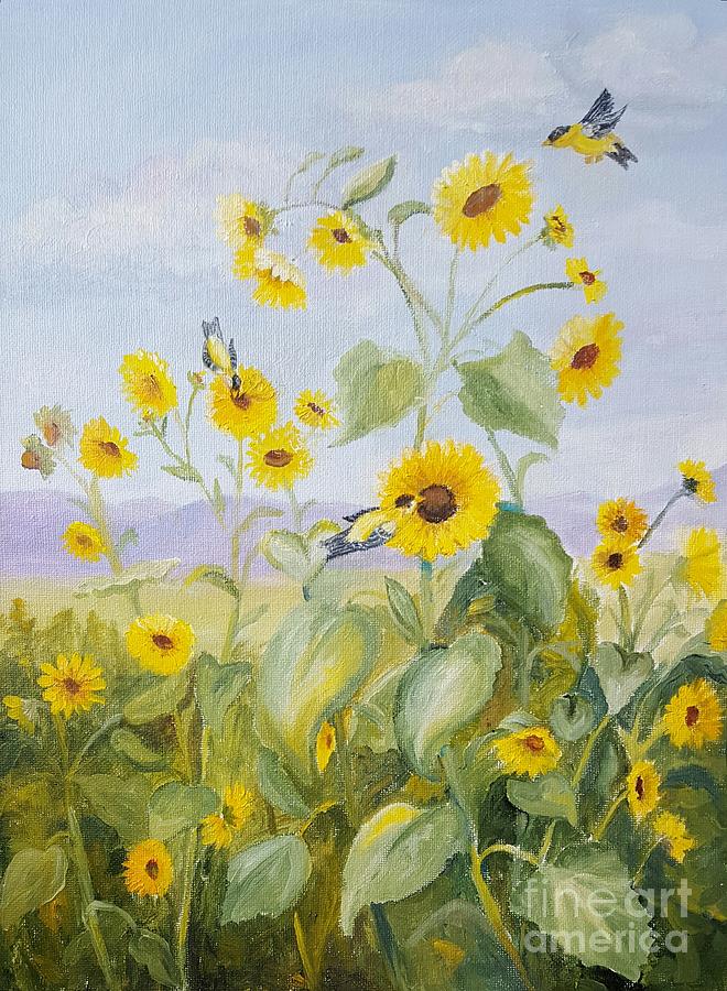 Goldfinch Painting - Goldfinches On Sunflowers by Dorothy Weichenthal Goldfinch Painting - Goldfinches On Sunflowers by Dorothy Weichenthal