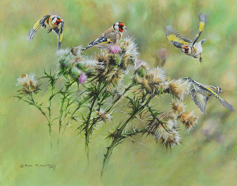 Goldfinches on Thistle Painting by Alan M Hunt