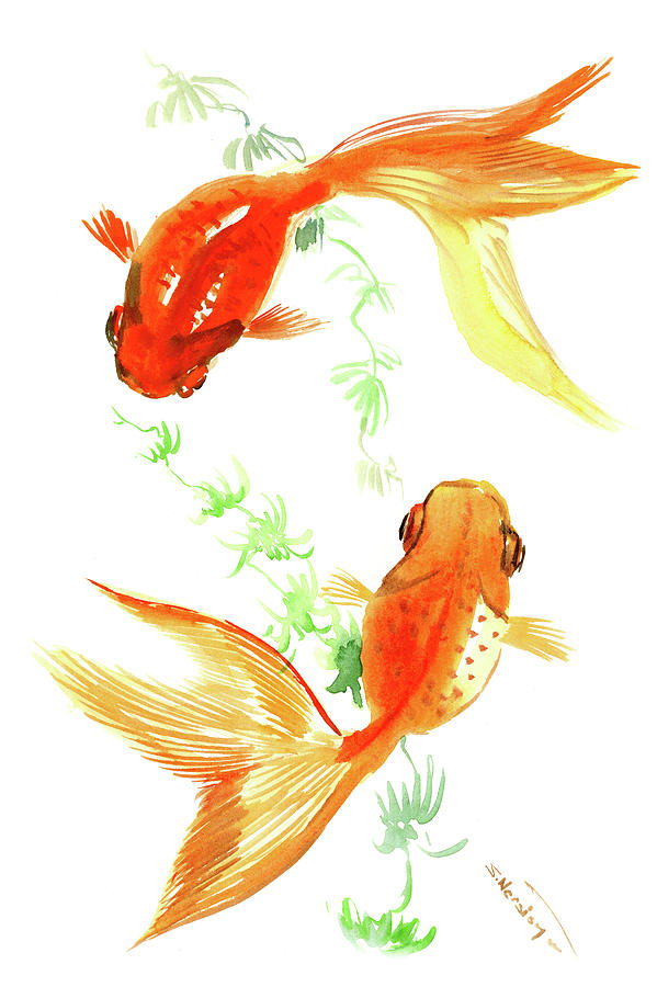 Goldfish Painting - Goldfish, KOI, Feng Shui Two fish Asian watercolor artwork by Suren Nersisyan
