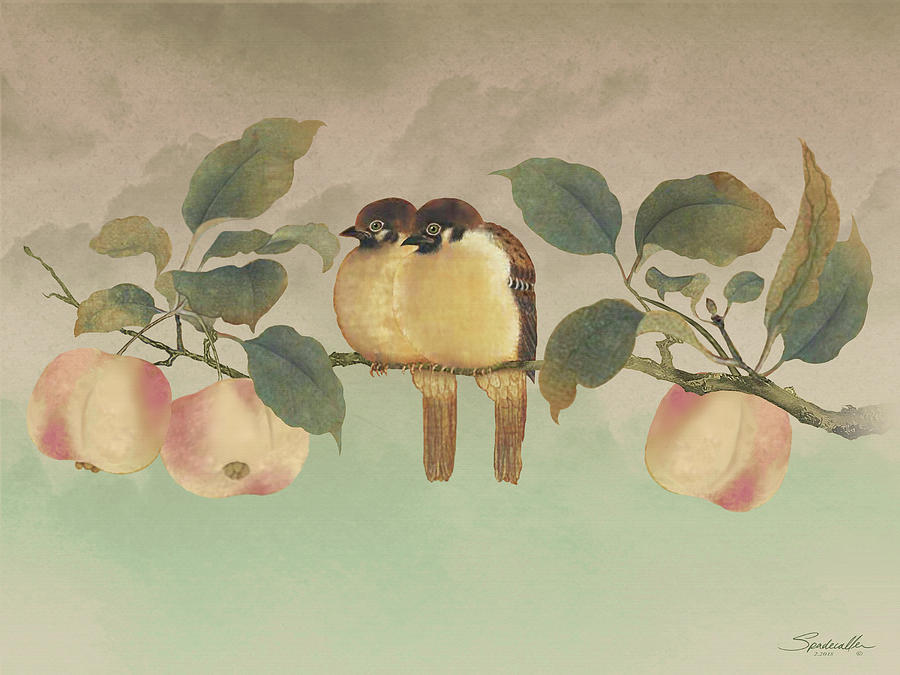 Bird Digital Art - Golden Birds In Fruit Tree by M Spadecaller