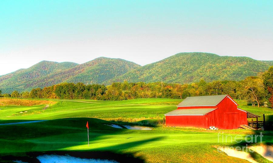 Golf Art - Vista Links - Buena Vista VA - Virginia - 17th Green With Red Barn - Mountains - Fall  Photograph by Dave Lynch