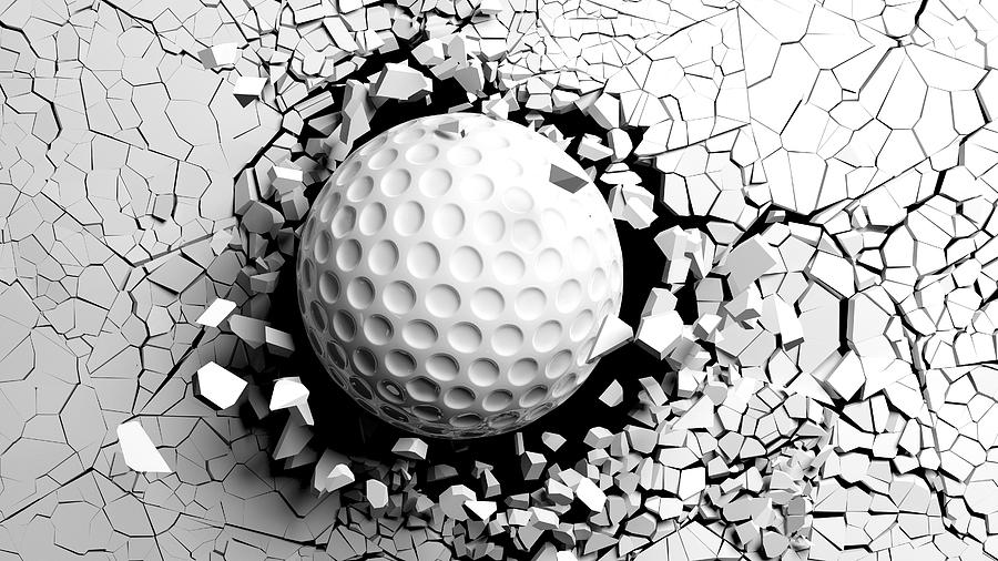 Golf Ball Breaking Forcibly Through A White Wall. 3d