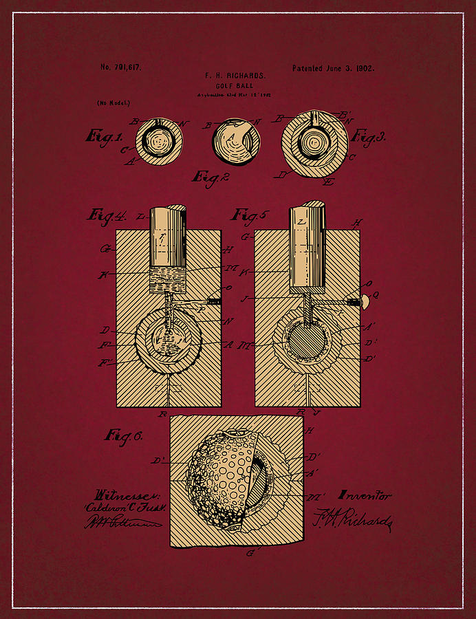 Golf Ball Patent Drawing Dark Red 2 Digital Art