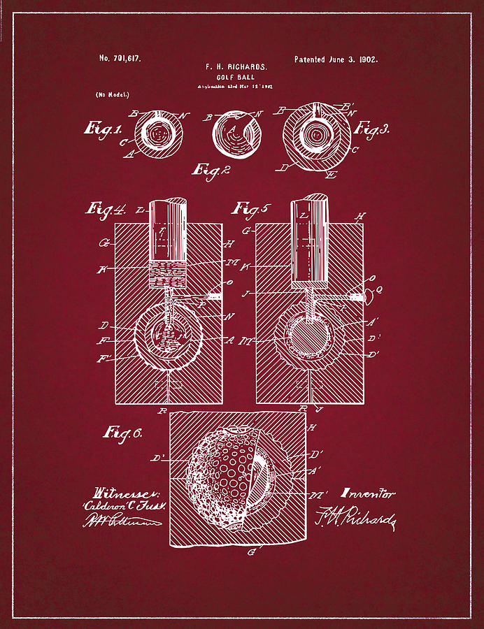 Golf Ball Patent Drawing Dark Red Digital Art