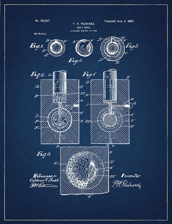 Golf Ball Patent Drawing Navy Blue Digital Art