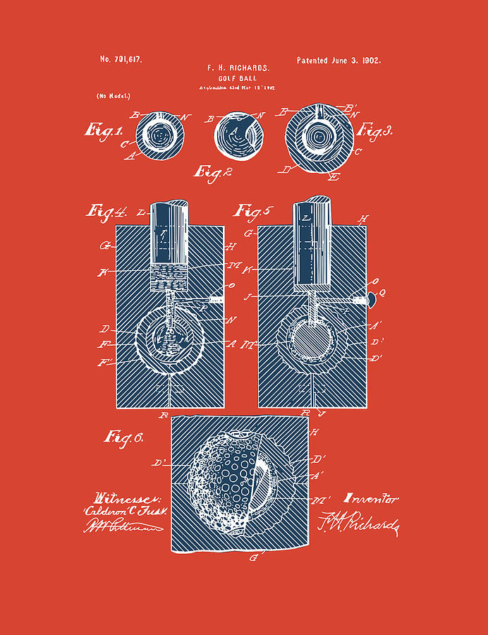 Golf Ball Patent Drawing Red 2 Digital Art