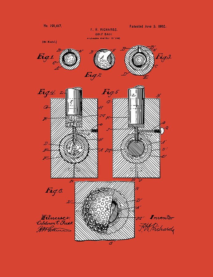 Golf Ball Patent Drawing Red Digital Art