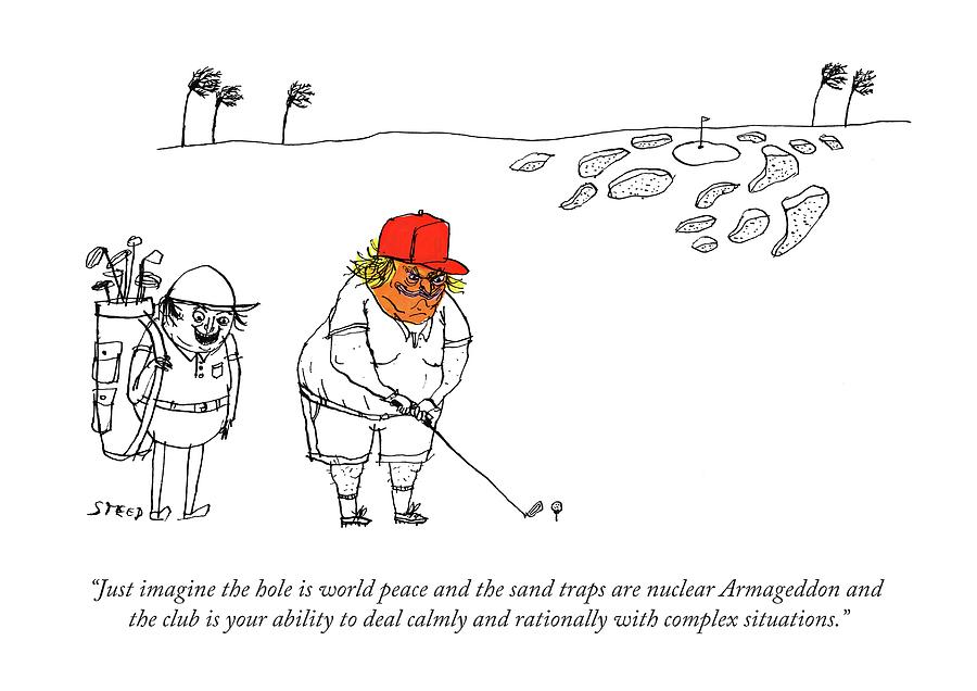 Golf caddy instructs Trump Drawing by Edward Steed