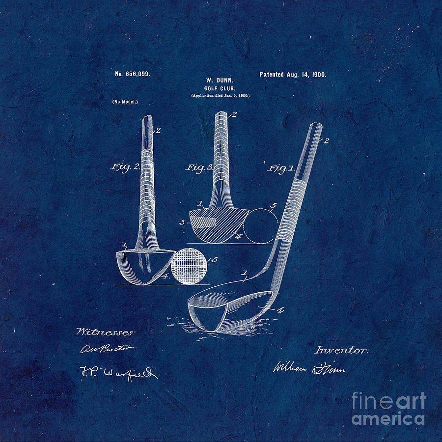 Golf Drawing - Golf club patent from 1900 - blue by Delphimages Photo Creations