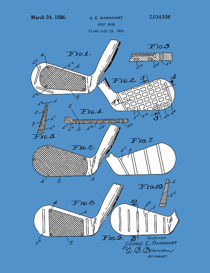 Golf Club Patent Drawing Blue 3 Digital Art