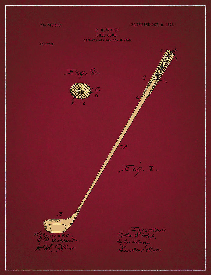 Golf Club Patent Drawing Dark Red 3 Digital Art