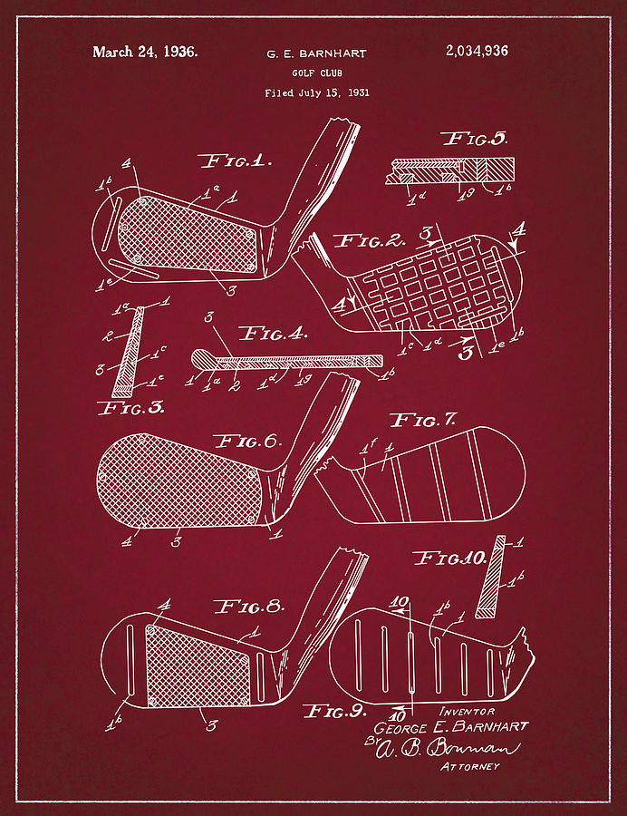 Golf Club Patent Drawing Dark Red 5 Digital Art by Bekim M