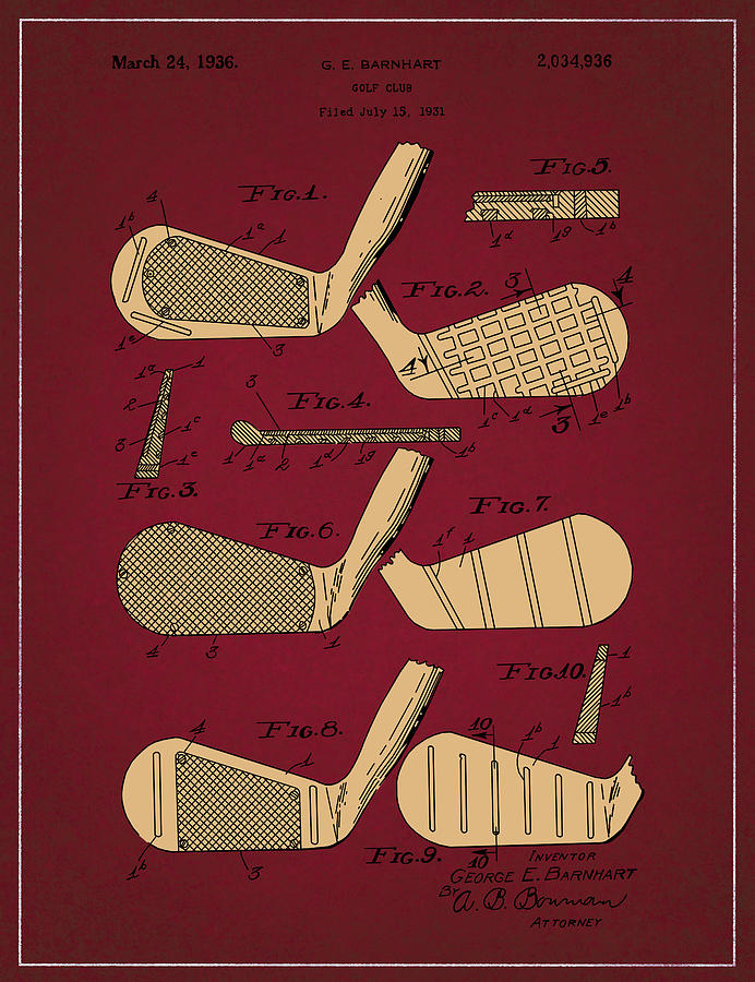 Golf Club Patent Drawing Dark Red 6 Digital Art