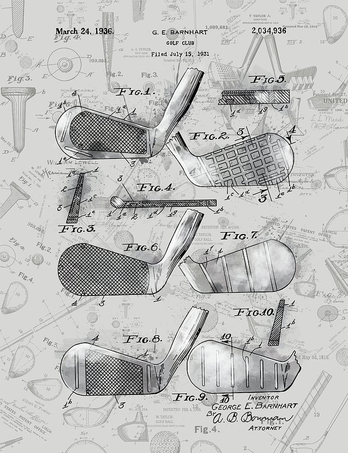 Golf Club Patent Drawing Grey 4 Digital Art