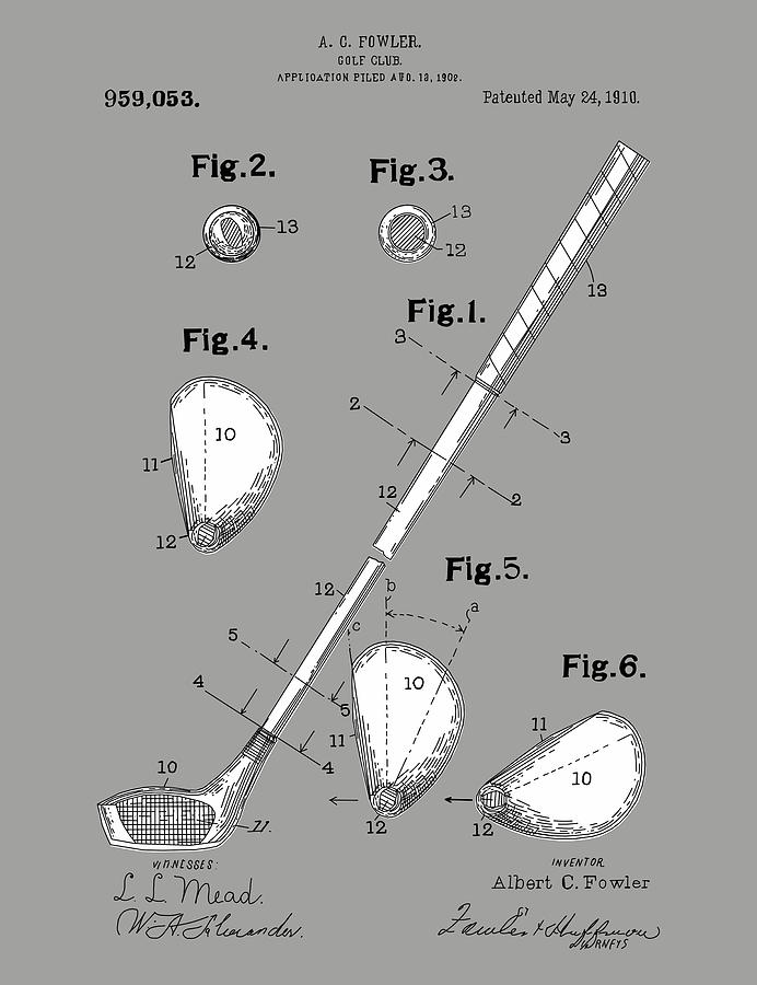 Golf Club Patent Drawing Grey Digital Art by Bekim M