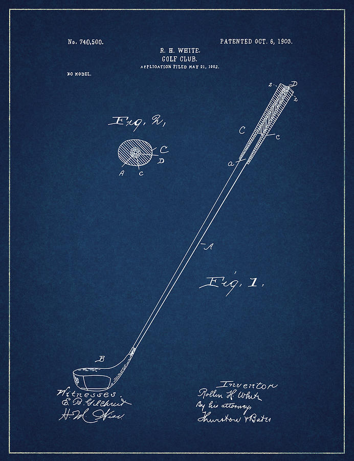 Golf Club Patent Drawing Navy Blue 3 Digital Art by Bekim M