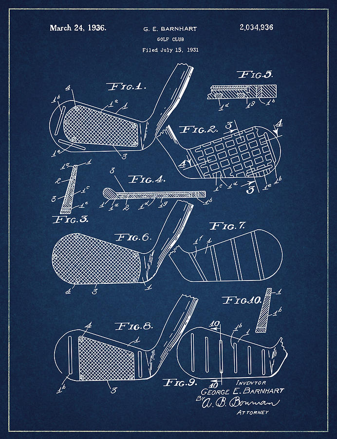 Golf Club Patent Drawing Navy Blue 5 Digital Art