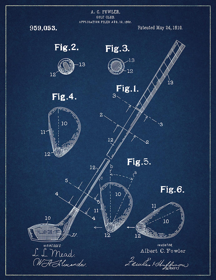 Golf Club Patent Drawing Navy Blue Digital Art