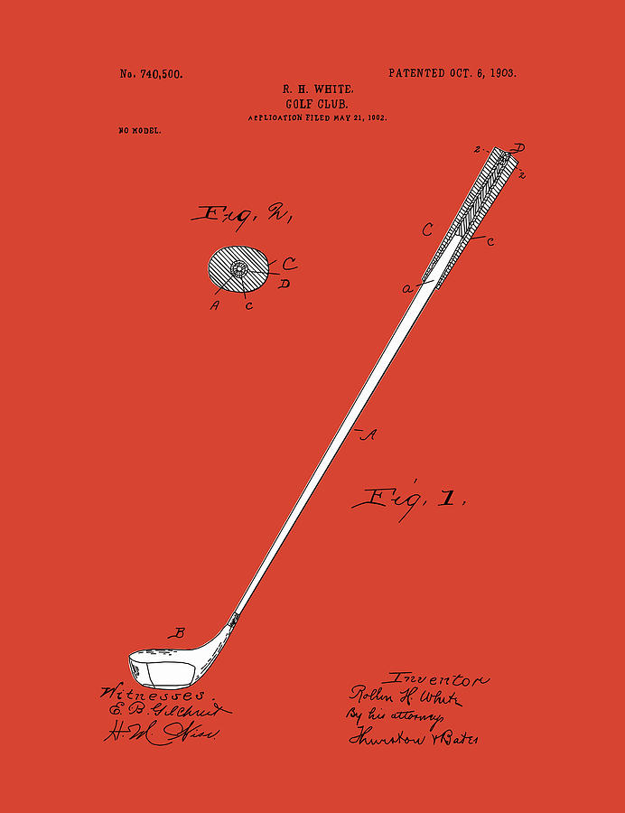 Golf Club Patent Drawing Red 2 Digital Art