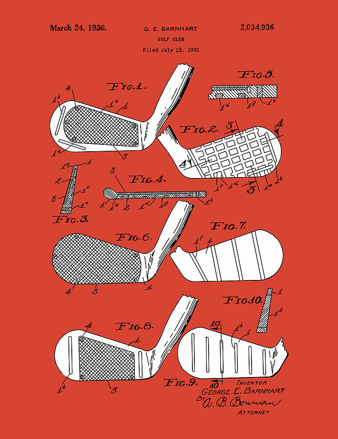 Golf Club Patent Drawing Red 3 Digital Art